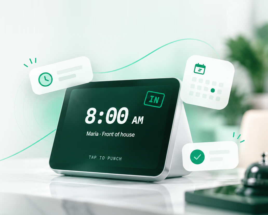 A time clock on a front desk, showing 8:00 AM and the words Tap to punch.